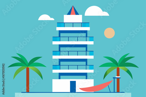 Tropical summer vacation with a cartoon illustration of a paradise island with palm trees on the sandy beach by the clear blue sea