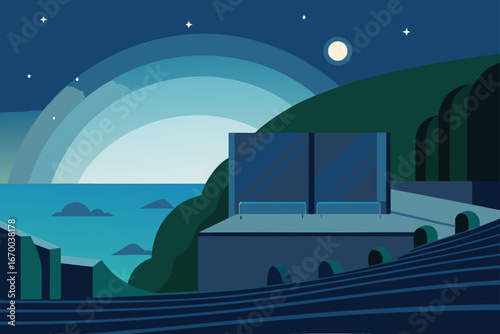 An animated cartoon train travels on a bridge over a city street at night, with a distant moon illuminating the landscape