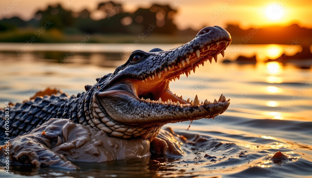 Obraz premium An alligator captured in motion amidst water, with its mouth open, possibly indicating a feeding action or movement through water