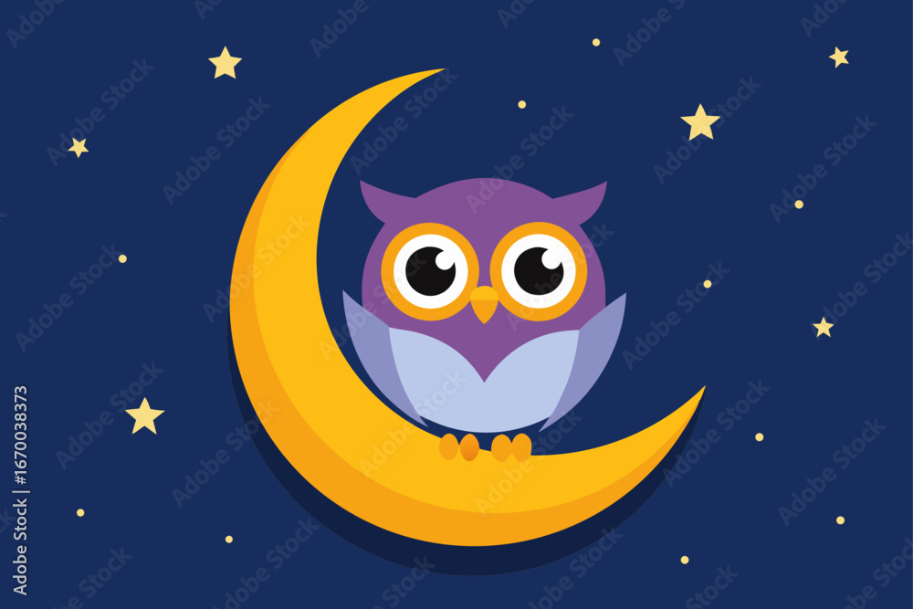 Fototapeta premium A charming cartoon moon and stars decorate a dark night sky illustration