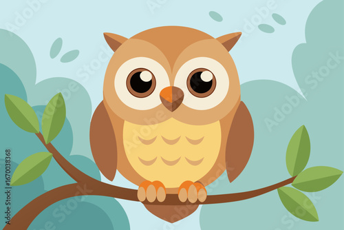 A wise cartoon owl couple with hearts sits on a tree branch, a cute animal illustration for a love card