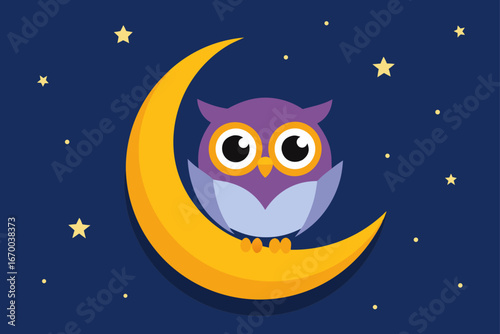 A charming cartoon moon and stars decorate a dark night sky illustration