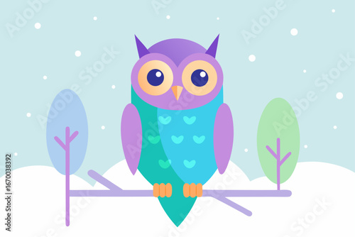 A cartoon illustration of a cute baby owl couple with hearts on a branch in a snowy winter forest