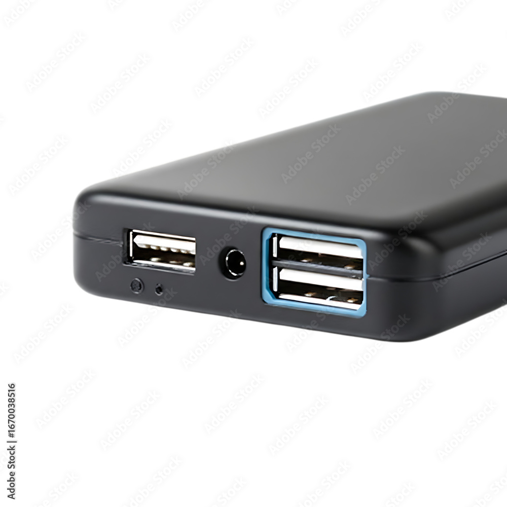 Image of a portable power bank with usb ports for charging devices isolated on transparent background Image of a portable power bank with usb ports for charging devices isolated on transparent background