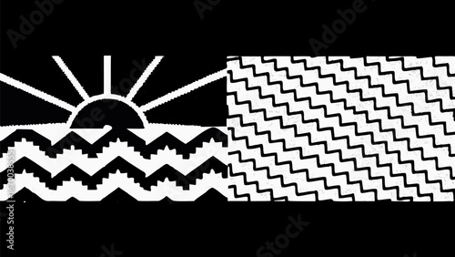 Black and white graphic design featuring a rising sun over mountains and a zigzag pattern on the right side silhouette