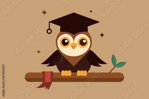 A wise cartoon owl with a graduation cap and glasses holds a book, an illustration of education and learning