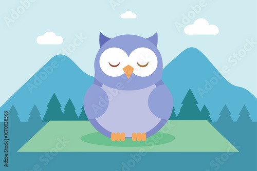 A cute vector cartoon owl illustration in the woods is a fun and funny art design