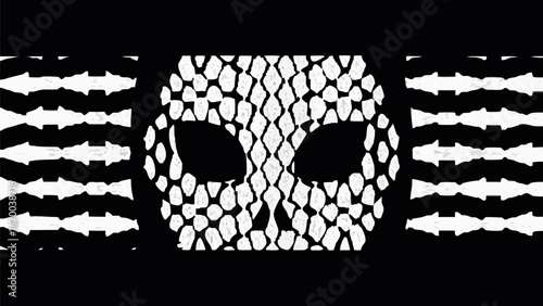 Abstract monochrome mask with reptilian pattern and horizontal arrow like designs on black background silhouette