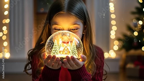 Young girl in a cozy room holding a glowing snow globe, surrounded by festive decorations and lights