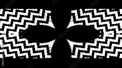 Abstract black and white zigzag pattern symmetrical design with central dark negative space area silhouette