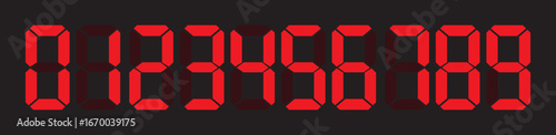 Digital electronic figures icon. Seven segment display font vector, LED and LCD scoreboard red style digits, countdown timer and clock screen symbol illustration isolated on transparent background.