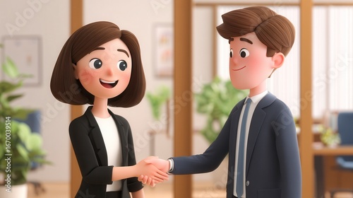 Confident 3D animated business professionals shaking hands in bright modern office with plants, showing successful partnership agreement in corporate environment