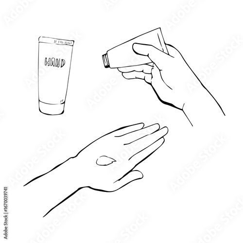 手にクリームを塗るシンプルな線画イラスト_モノクロ