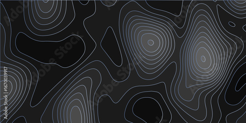 Abstract gray black background with Topographic line map pattern. abstract wavy and curved lines background. linear map. Dark seamless design. Bold tile able isolines pattern. Vector illustration.