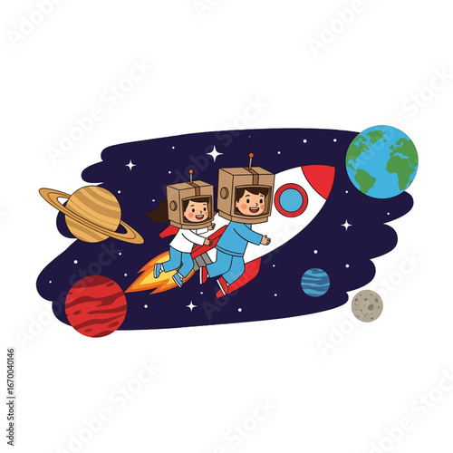 Two Children in Cardboard Box Spaceships Flying Through Pixelated Space With Planets and Stars