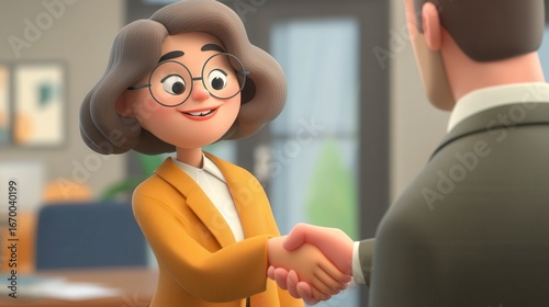 Confident 3D animated female professional with glasses and brown hair shaking hands with male colleague in yellow blazer during business meeting in modern office setting