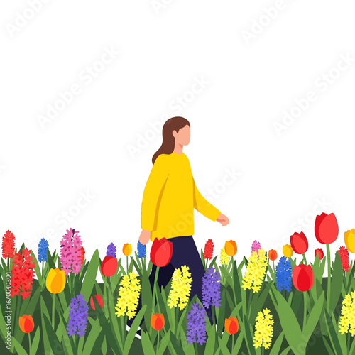 Woman Walking Through Colorful Tulip Field in Spring with a Yellow Sweater Under Clear Sky and Lush Green Grass in Vibrant Colors