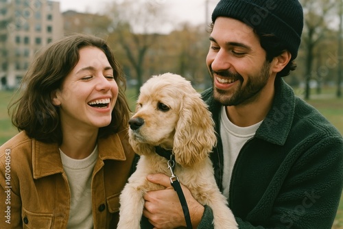 Happy couple with dog outdoors.