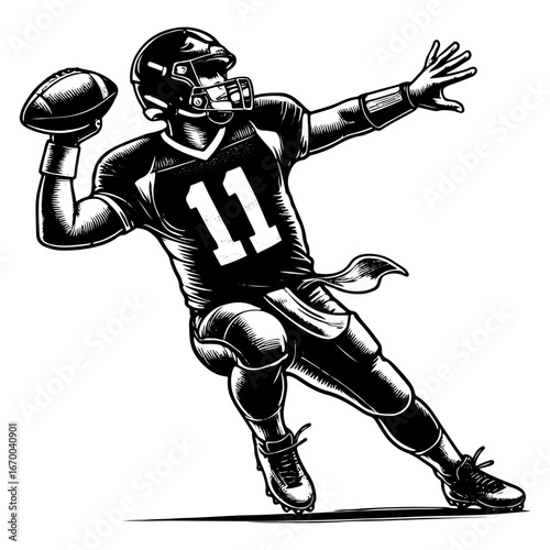 American Football Quarterback Windup For Deep Throw Black And White Illustration