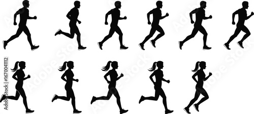 Running silhouette animation sequence, male and female jogging figures, fitness workout movement, athletic exercise vector, sport activity illustration, 