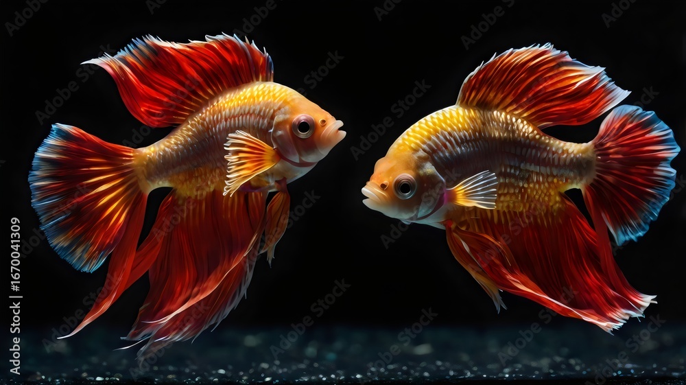 Fototapeta premium The moving moment of beautiful yellow and red fish, vibrant aquatic life, exotic underwater species, tropical aquarium beauty in motion