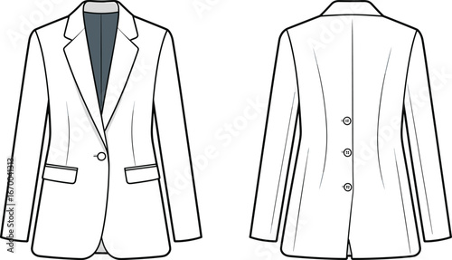 Women’s formal blazer flat sketch, jacket front and back technical drawing, fashion coat design, clothing vector template, tailored apparel outline for design use.