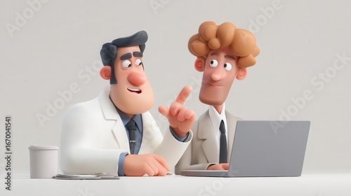 Engaged 3D cartoon businessmen discussing ideas while working on laptop in modern office setting, perfect for corporate training or teamwork concept