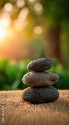 Stacked smooth stones balanced on a wooden with a blurred natural background at sunset