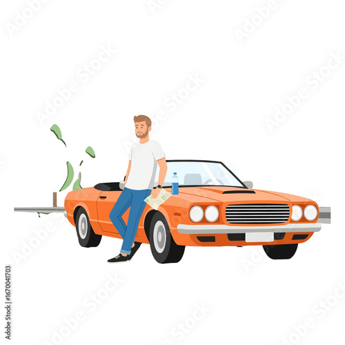Man Leaning on Orange Convertible Car with Money in a Pixelated Design Wearing Jeans and White T-Shirt Under Bright Lighting