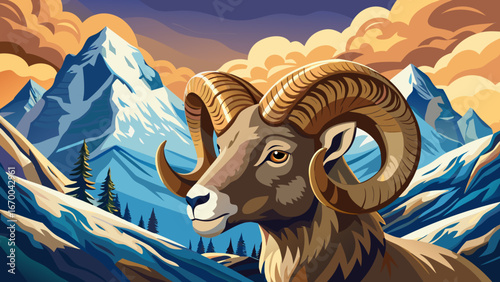 Majestic ram gazes proudly against snowy alpine peaks, winter’s grace surrounding its silhouette, evoking strength, endurance, and harmony within mountain’s grand, serene, and timeless beauty.