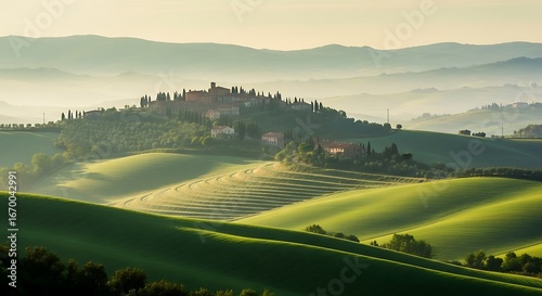 A picturesque Tuscan landscape displays rolling hills, terraced fields, and a charming village nestled amidst the gentle slopes, bathed in soft morning light.
