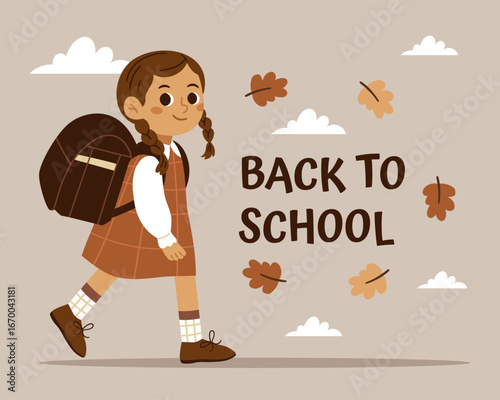 Adorable little schoolgirl with braids walking happily to school on a cozy autumn day. Cute flat vector illustration with warm fall colors, brown plaid dress, and backpack.