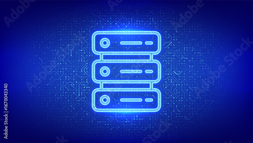 Server icon. Computer server and data storage background. Server hosting. Database storage. Data center. Circuit board pattern. PCB printed circuit texture. Vector illustration.