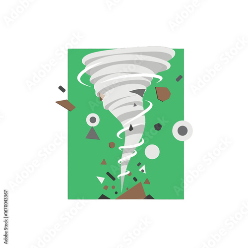 Stylized Pixel Art Tornado on Green Background with Debris Illustration