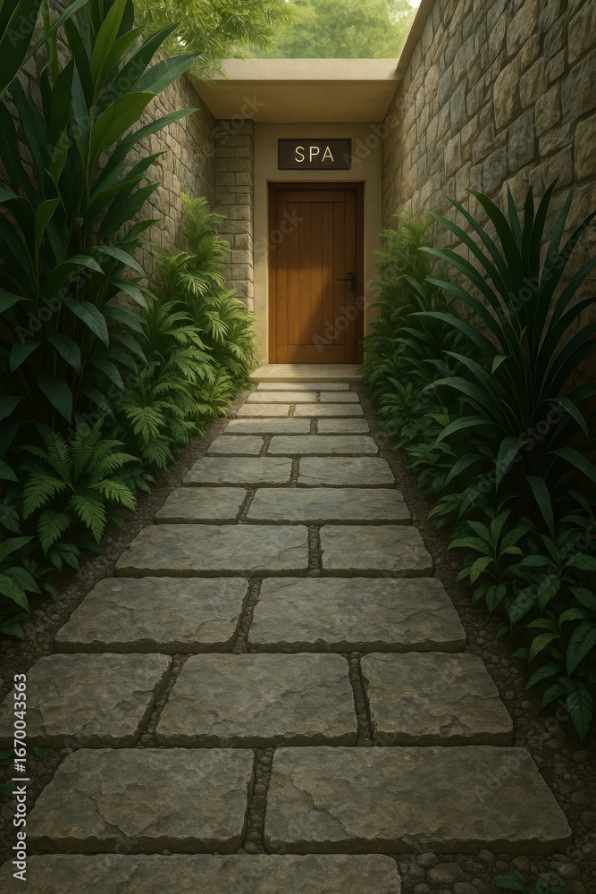 Obraz premium Stone path leads to a tranquil spa entrance. Lush greenery creates a serene and private atmosphere.