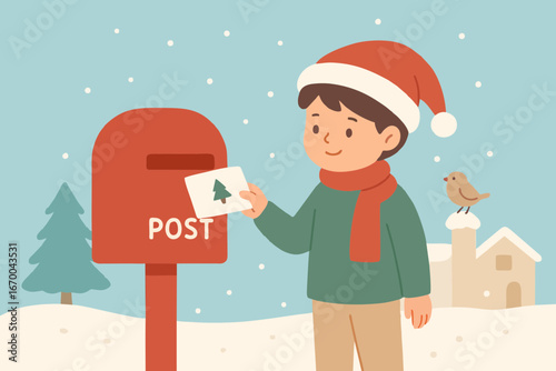 Boy wearing Santa hat sending Christmas card at mailbox in winter, flat design festive illustration.