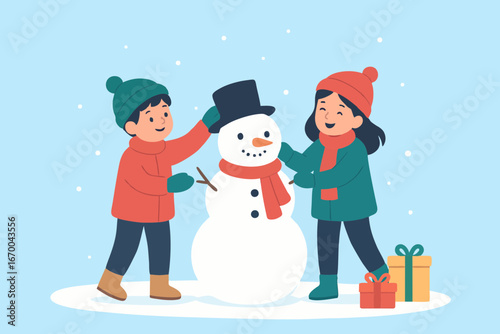 Children building a snowman together during snowy winter, flat design festive illustration.