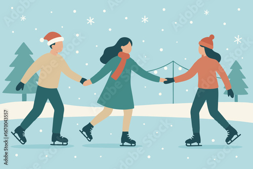 Couple ice skating outdoors on a snowy winter day, flat design festive illustration.