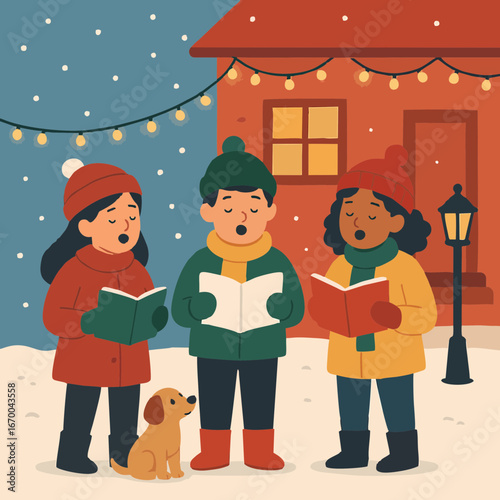 Children singing Christmas carols outdoors in winter, wearing warm clothes, flat design illustration.