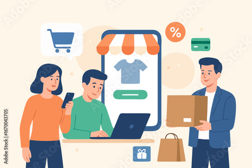 Illustration of people shopping online with mobile e-commerce platform.