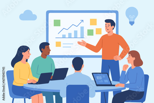  Illustration of office employees discussing business growth and analytics presentation.