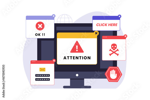 Illustration  of Adware Malware. Computer Screen Overwhelmed with Pop-up Ads, Highlighting Annoying Digital Advertising and Cybersecurity Issues. Vector Flat Illustration