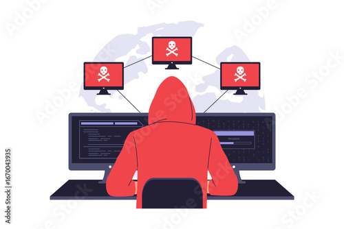 Illustration of Botnet Cyber Attack. Hacker Controlling a Network of Infected Computers, Launching a Coordinated Cyber Attack and Highlighting Cybersecurity Threats. Vector Flat Illustration