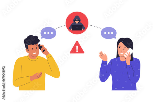 Illustration of Man-in-the-Middle Attack. Hacker Intercepting Communication Between Two People, Emphasizing the Threat of Unauthorized Access to Private Information. Vector Flat Illustration