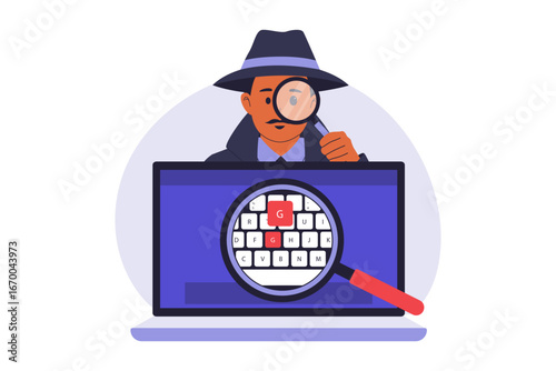 Illustration of Keylogger Malware Threat. Hacker Using a Keylogger to Steal Passwords and Sensitive User Data from a Computer, Highlighting Cybersecurity Risks. Vector Flat Illustration