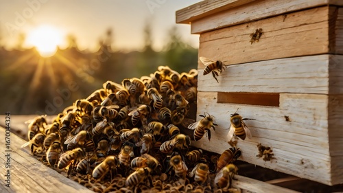 Bees at the hive at sunset, real photo of honeybees working, natural beekeeping scene, pollination, golden evening light, organic apiary