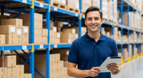 A warehouse worker, smiling and holding a tablet, stands amidst numerous boxes on shelves in a well-lit, organized warehouse.