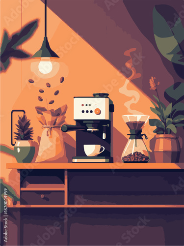 Modern Coffee Machine with Hot Cup of Coffee