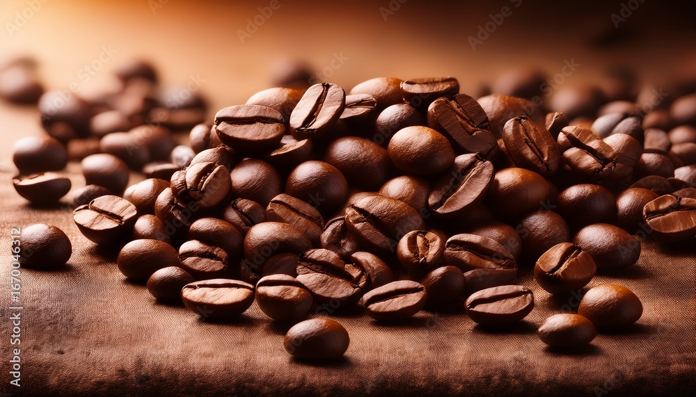 Obraz premium rich dark roasted coffee beans scattered on a textured brown surface creating a captivating image ideal for coffee related projects