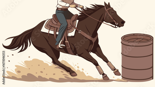 A rider on a horse performing a barrel racing maneuver dynamic action shot equestrian sport illustration.